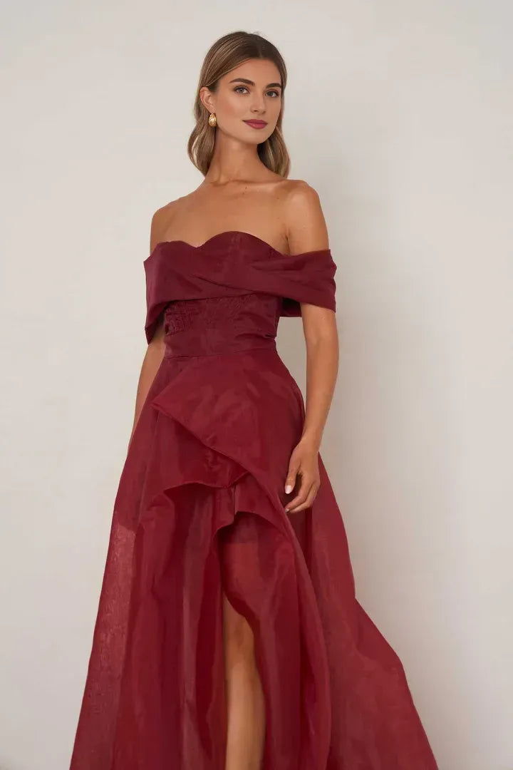 Sophisticated Graceful Stylish Refined Elegant Burgundy Organza A-Line Sleeveless Floor-Length Prom Dress
