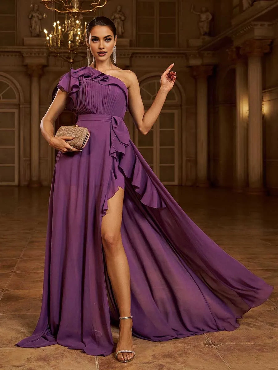 Beautiful Timeless Special Occasion Sophisticated Elegant Purple Chiffon A-Line Ruffle Prom Dress