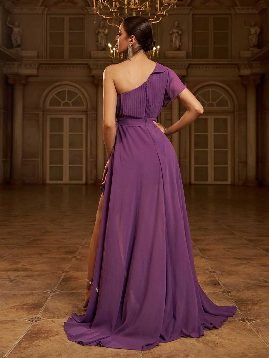Beautiful Timeless Special Occasion Sophisticated Elegant Purple Chiffon A-Line Ruffle Prom Dress