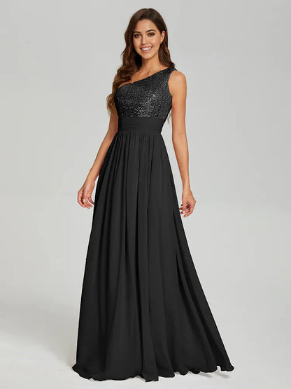 Timeless Special Occasion Sophisticated Elegant Black Sequins A-Line Sleeveless Floor-Length Prom Dress