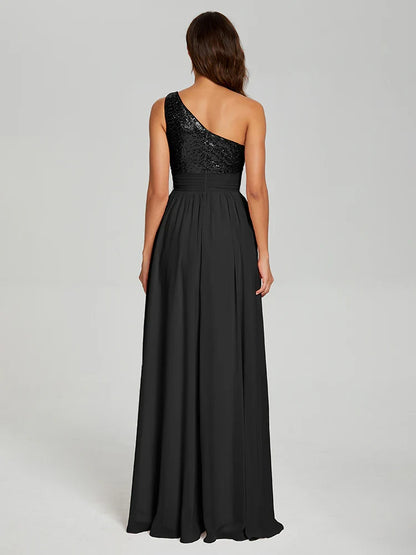 Timeless Special Occasion Sophisticated Elegant Black Sequins A-Line Sleeveless Floor-Length Prom Dress