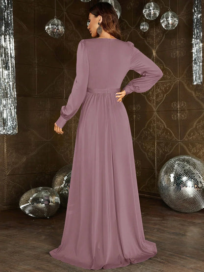Refined Beautiful Timeless Elegant Lilac Chiffon A-Line Long Sleeve Floor-Length Prom Dress
