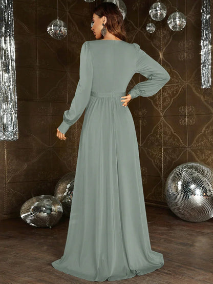 Refined Beautiful Timeless Elegant Lilac Chiffon A-Line Long Sleeve Floor-Length Prom Dress
