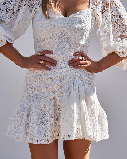 Special Occasion Sophisticated Graceful Elegant Lace A-Line Long Sleeve Mini Cocktail Dress