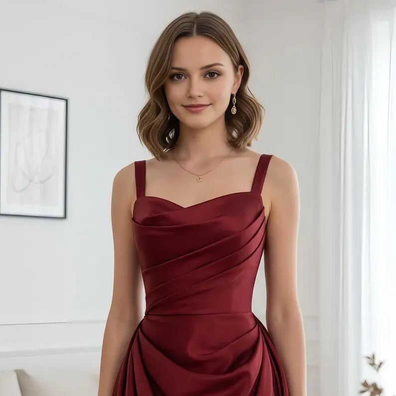 Red Square Neck Sleeveless Lace-Up Back Sweep/Brush Train Prom Dress