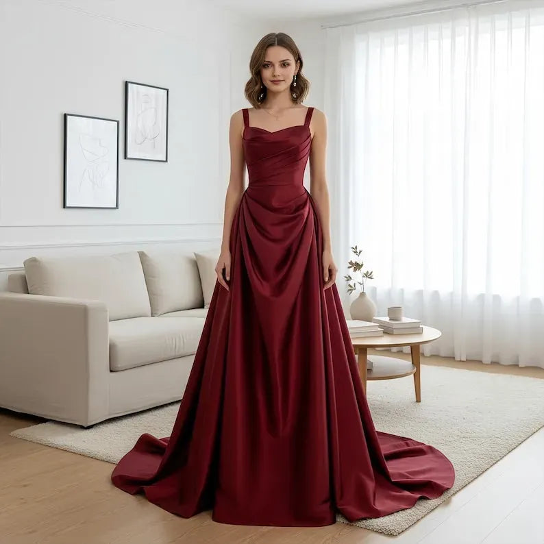 Red Square Neck Sleeveless Lace-Up Back Sweep/Brush Train Prom Dress