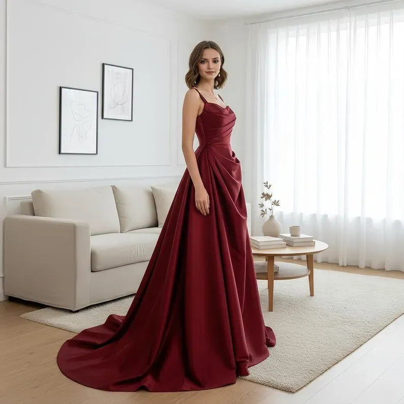 Red Square Neck Sleeveless Lace-Up Back Sweep/Brush Train Prom Dress