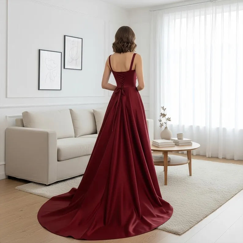 Red Square Neck Sleeveless Lace-Up Back Sweep/Brush Train Prom Dress