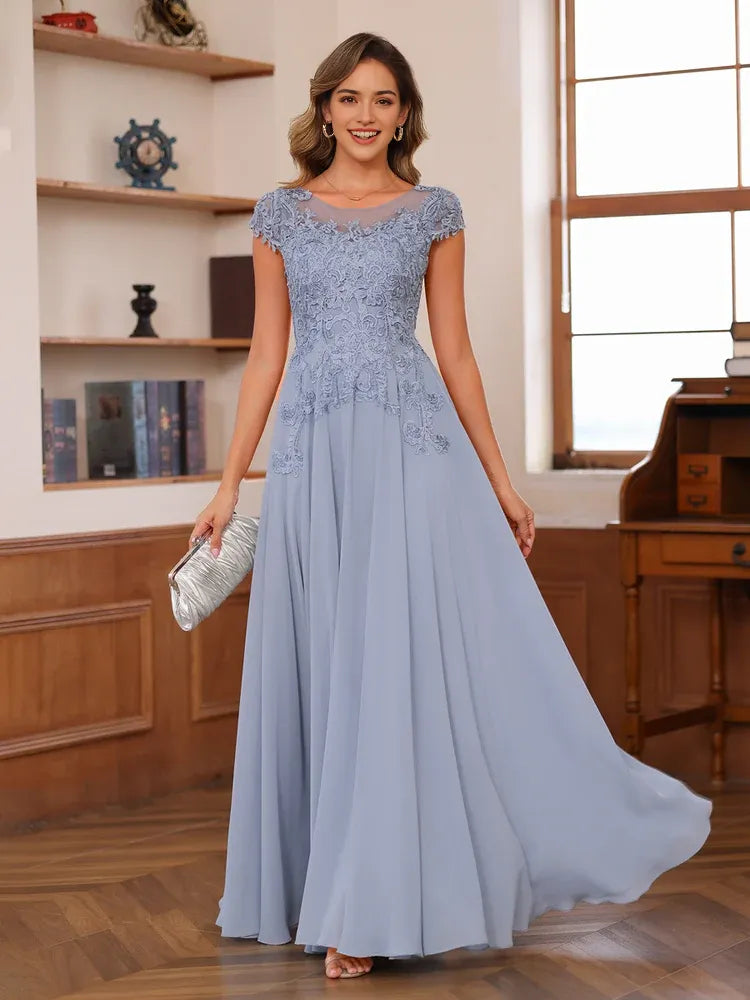 Round Neck Cap Sleeve V-Back Floor-Length Mother of the Bride Dresses with Applique