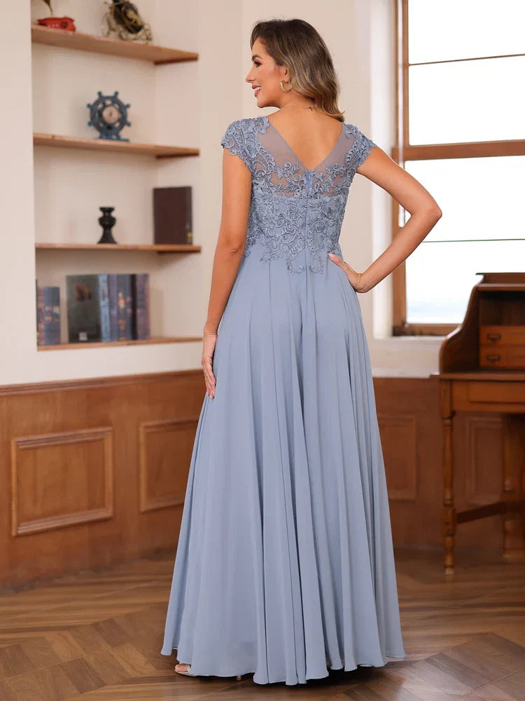 Round Neck Cap Sleeve V-Back Floor-Length Mother of the Bride Dresses with Applique