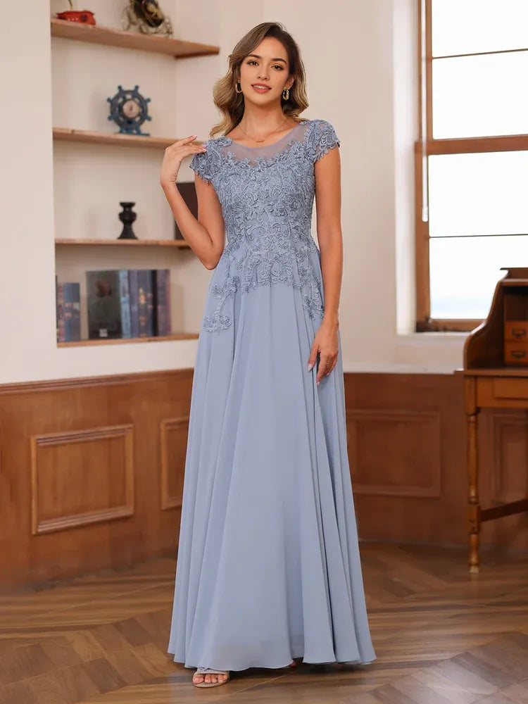 Round Neck Cap Sleeve V-Back Floor-Length Mother of the Bride Dresses with Applique
