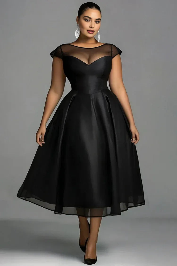 Sophisticated Graceful Stylish Refined Elegant Black Satin A-Line Pleated Midi Prom Dress