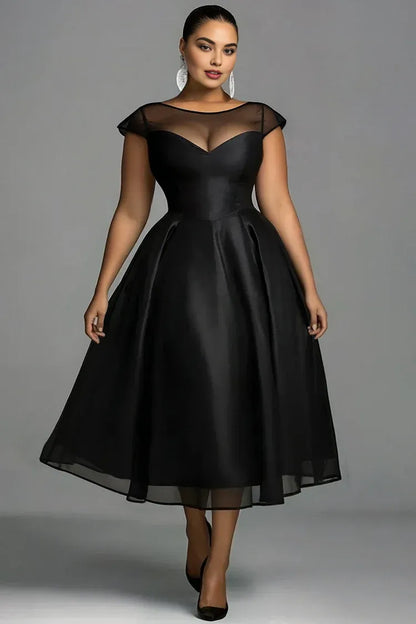 Sophisticated Graceful Stylish Refined Elegant Black Satin A-Line Pleated Midi Prom Dress