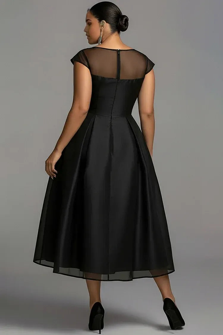 Sophisticated Graceful Stylish Refined Elegant Black Satin A-Line Pleated Midi Prom Dress