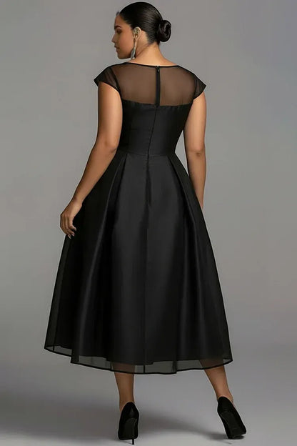 Sophisticated Graceful Stylish Refined Elegant Black Satin A-Line Pleated Midi Prom Dress