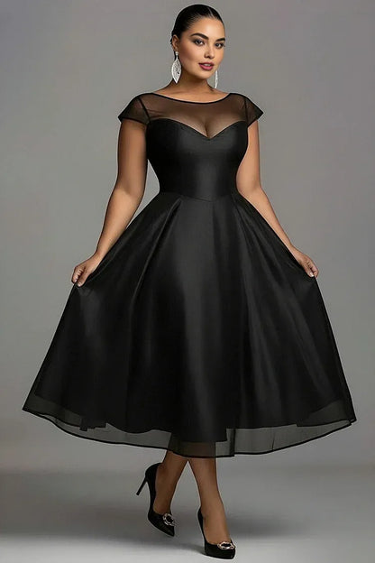 Sophisticated Graceful Stylish Refined Elegant Black Satin A-Line Pleated Midi Prom Dress