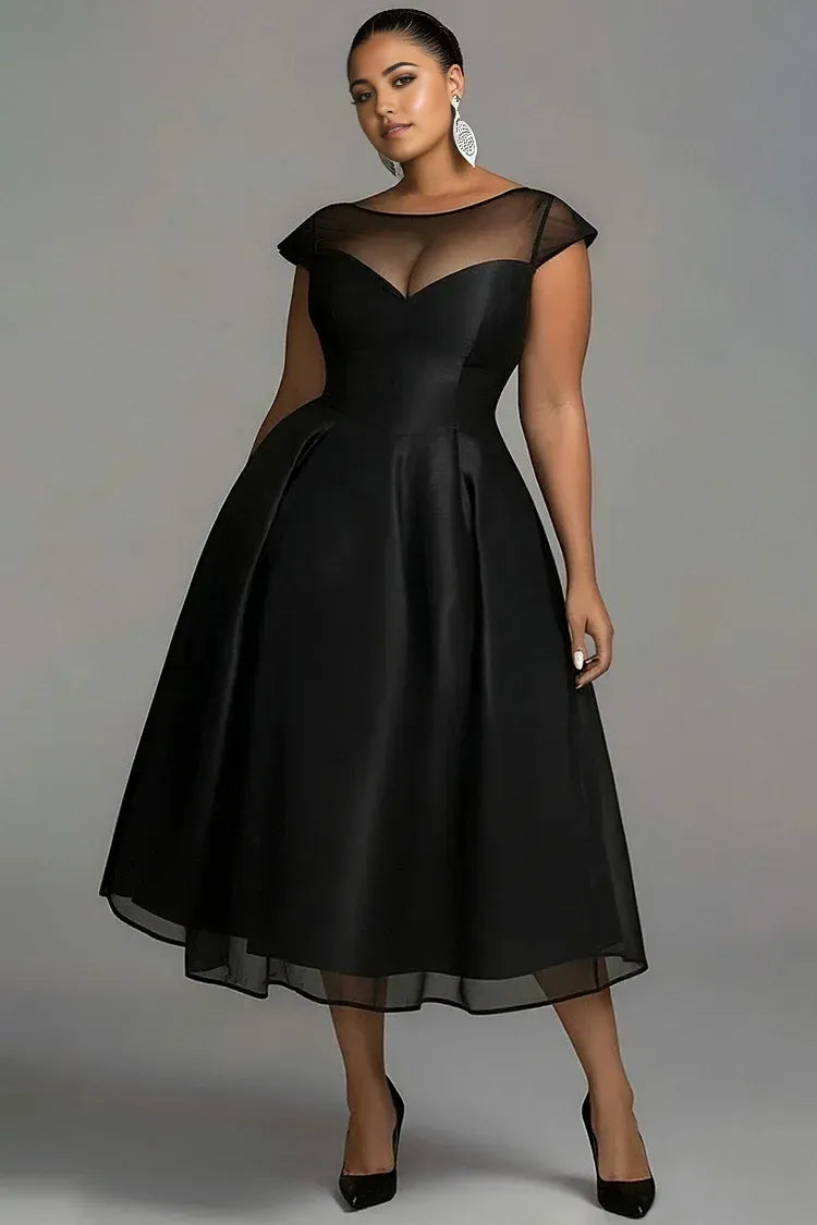 Sophisticated Graceful Stylish Refined Elegant Black Satin A-Line Pleated Midi Prom Dress