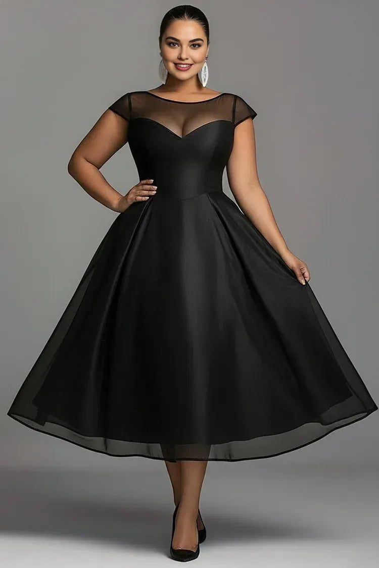 Sophisticated Graceful Stylish Refined Elegant Black Satin A-Line Pleated Midi Prom Dress