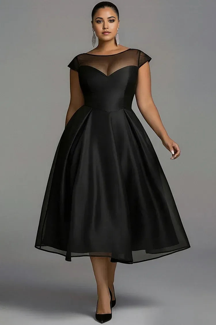 Sophisticated Graceful Stylish Refined Elegant Black Satin A-Line Pleated Midi Prom Dress