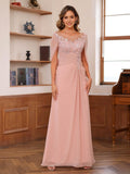 Round Neck Cape Sleeve Keyhole Back Floor-Length Appliques Ruched Mother of the Bride Dresses