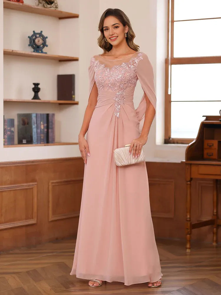 Round Neck Cape Sleeve Keyhole Back Floor-Length Appliques Ruched Mother of the Bride Dresses