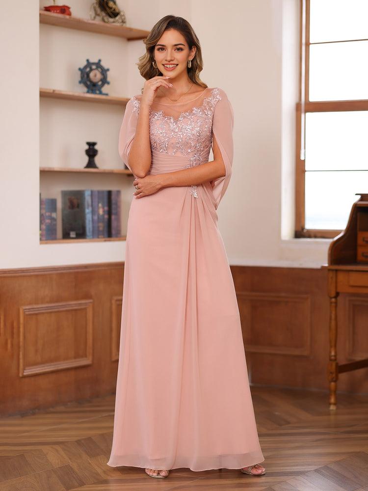 Round Neck Cape Sleeve Keyhole Back Floor-Length Appliques Ruched Mother of the Bride Dresses