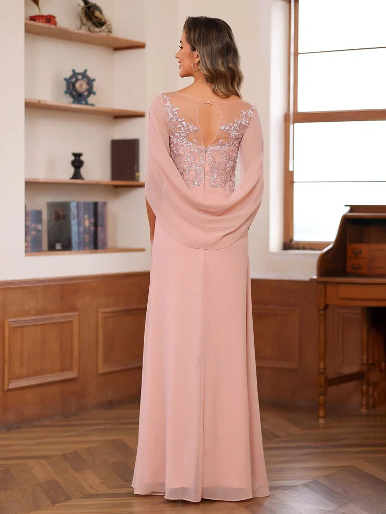 Round Neck Cape Sleeve Keyhole Back Floor-Length Appliques Ruched Mother of the Bride Dresses