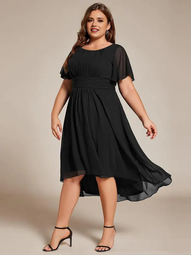 Round Neck Flutter Sleeve Back Zip Pleated Knee -Length Plus-Size Prom Dresses
