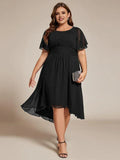 Round Neck Flutter Sleeve Back Zip Pleated Knee -Length Plus-Size Prom Dresses