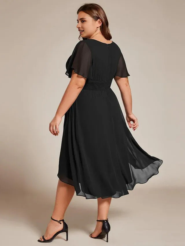 Round Neck Flutter Sleeve Back Zip Pleated Knee -Length Plus-Size Prom Dresses