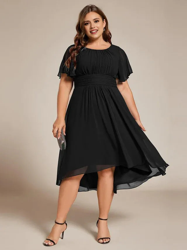 Round Neck Flutter Sleeve Back Zip Pleated Knee -Length Plus-Size Prom Dresses