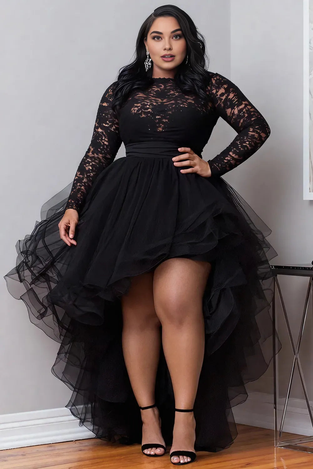 Beautiful Timeless Chic Elegant Black Tulle A-Line Long Sleeve Long Prom Dress