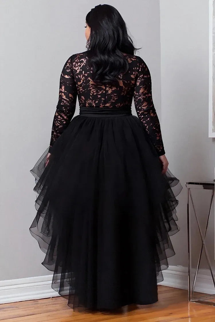 Beautiful Timeless Chic Elegant Black Tulle A-Line Long Sleeve Long Prom Dress