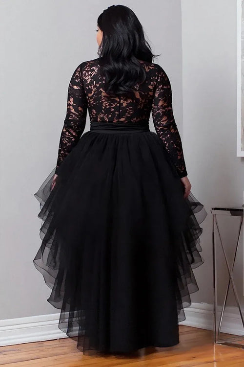 Beautiful Timeless Chic Elegant Black Tulle A-Line Long Sleeve Long Prom Dress