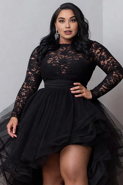 Beautiful Timeless Chic Elegant Black Tulle A-Line Long Sleeve Long Prom Dress
