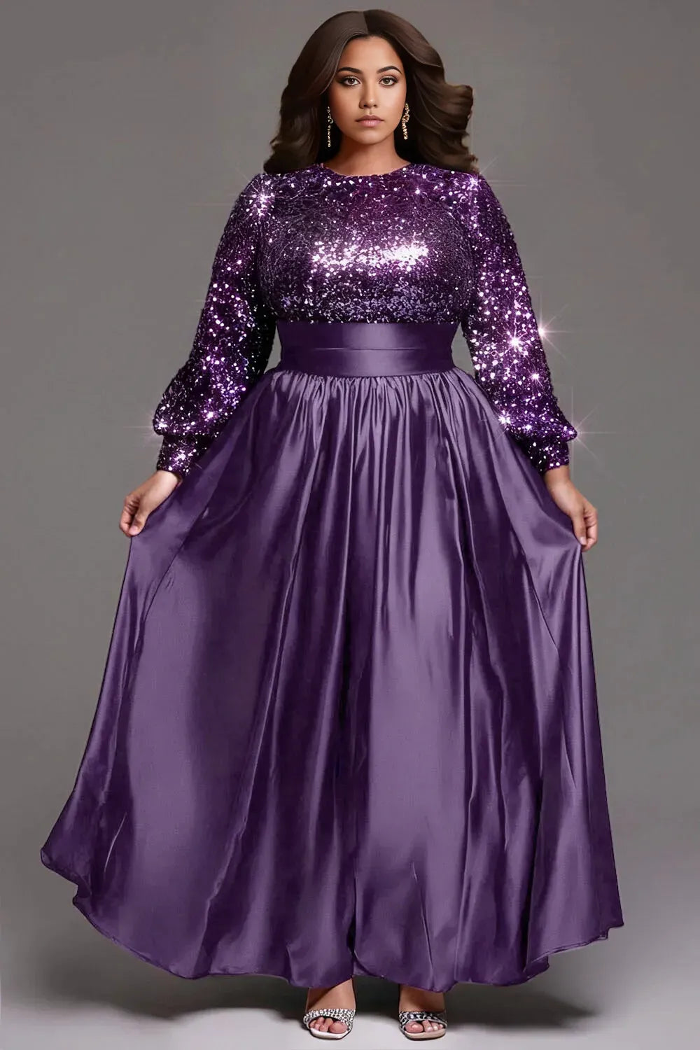 Special Occasion Sophisticated Elegant Purple Sequins A-Line Long Sleeve Long Prom Dress
