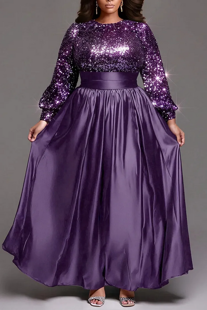 Special Occasion Sophisticated Elegant Purple Sequins A-Line Long Sleeve Long Prom Dress
