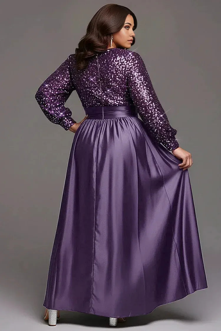 Special Occasion Sophisticated Elegant Purple Sequins A-Line Long Sleeve Long Prom Dress
