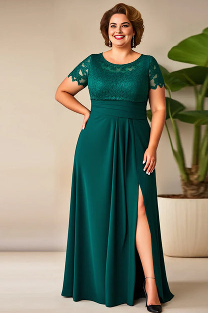 Elegant Emerald Green Lace A-Line Short Sleeve Floor-Length Mother of the Bride Dress
