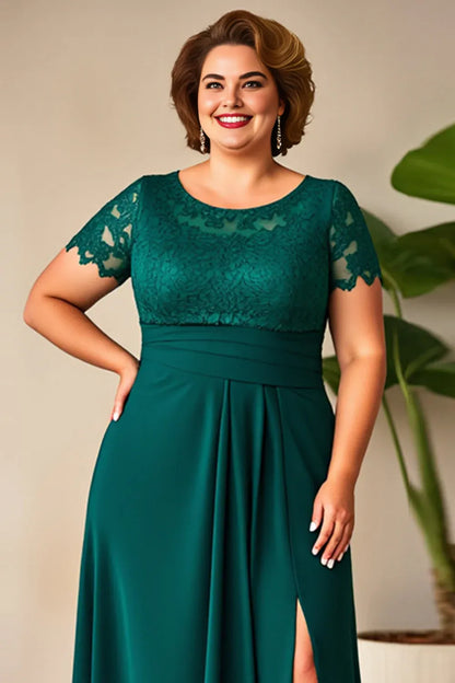 Elegant Emerald Green Lace A-Line Short Sleeve Floor-Length Mother of the Bride Dress