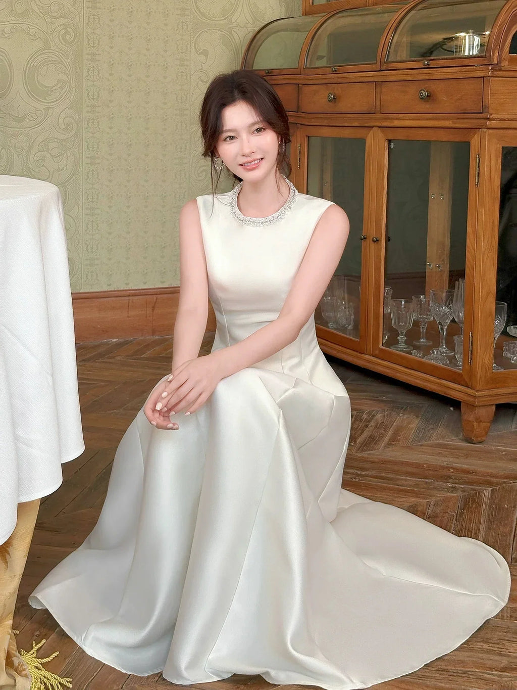 Ivory Round Neck Sleeveless Beaded Midi Prom Dress