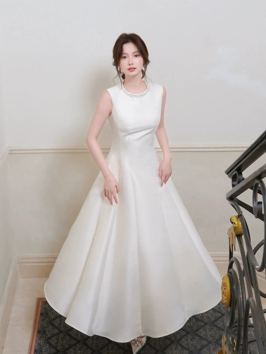 Ivory Round Neck Sleeveless Beaded Midi Prom Dress