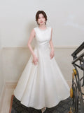 Ivory Round Neck Sleeveless Beaded Midi Prom Dress