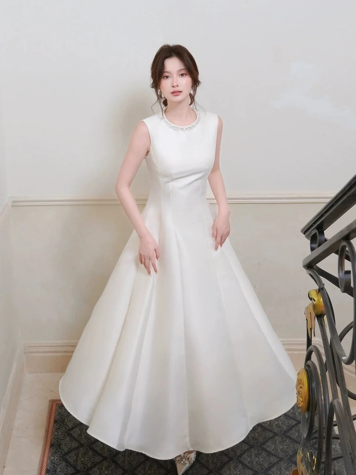 Ivory Round Neck Sleeveless Beaded Midi Prom Dress