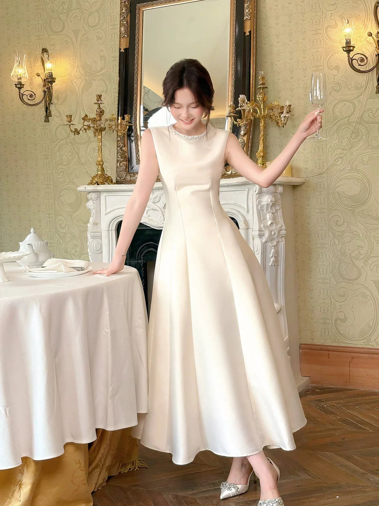Ivory Round Neck Sleeveless Beaded Midi Prom Dress