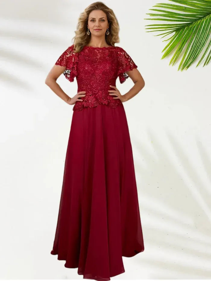 Special Occasion Sophisticated Elegant Burgundy Chiffon A-Line Floor-Length Mother of the Bride Dress
