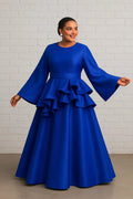 Elegant Royal Blue Satin A-Line Scoop Neck Long Sleeve Floor-Length Prom Dress