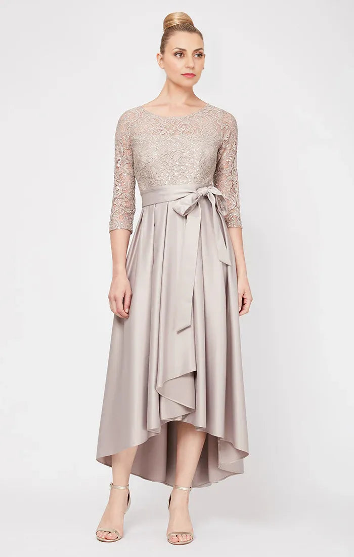 Elegant Champagne Satin A-Line Scoop Neck Long Sleeve Tea-Length Mother of the Bride Dress