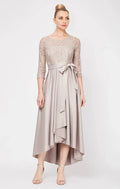 Elegant Champagne Satin A-Line Scoop Neck Long Sleeve Tea-Length Mother of the Bride Dress