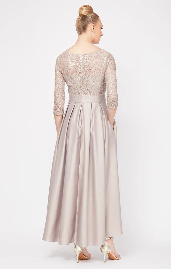 Elegant Champagne Satin A-Line Scoop Neck Long Sleeve Tea-Length Mother of the Bride Dress